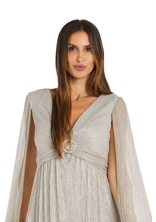 R & M Richards M Richards Long Crinkle Pleated Goddess Dress With Split Long Cape Sleeves And Empire Waist With Rhinestone Trim 1