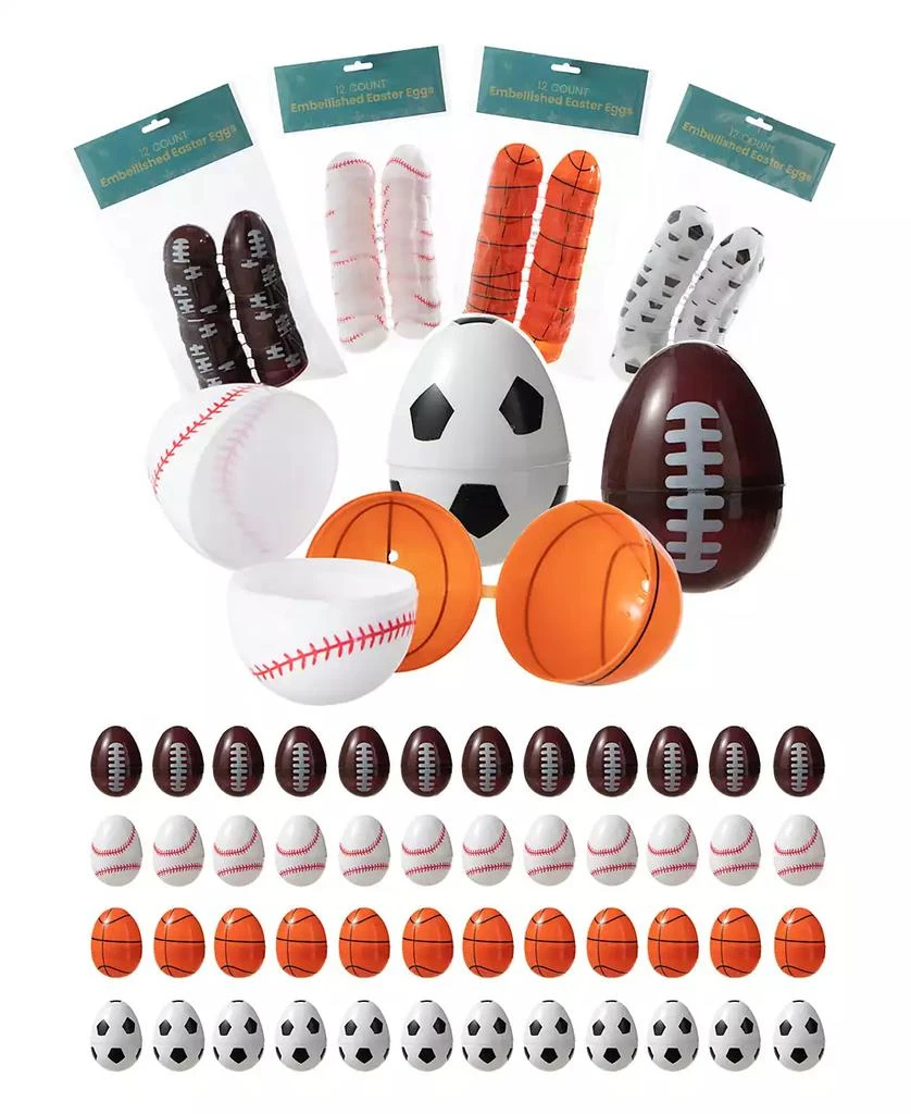 Glitzhome 48 Pack 2.25" H Easter Plastic Fillable Sports Eggs, 12 of Each Basketball, Football, Baseball, Soccer 1