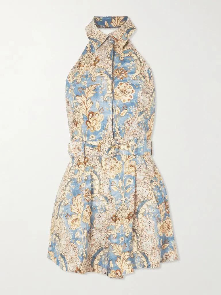 Zimmermann Daylight Belted Printed Linen Halterneck Playsuit - Light blue