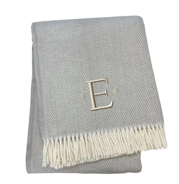 Hivvago 55" X 70" Gray And White Herringbone Cotton Blend E Initial Throw Blanket with Tassels And Embroidery 3