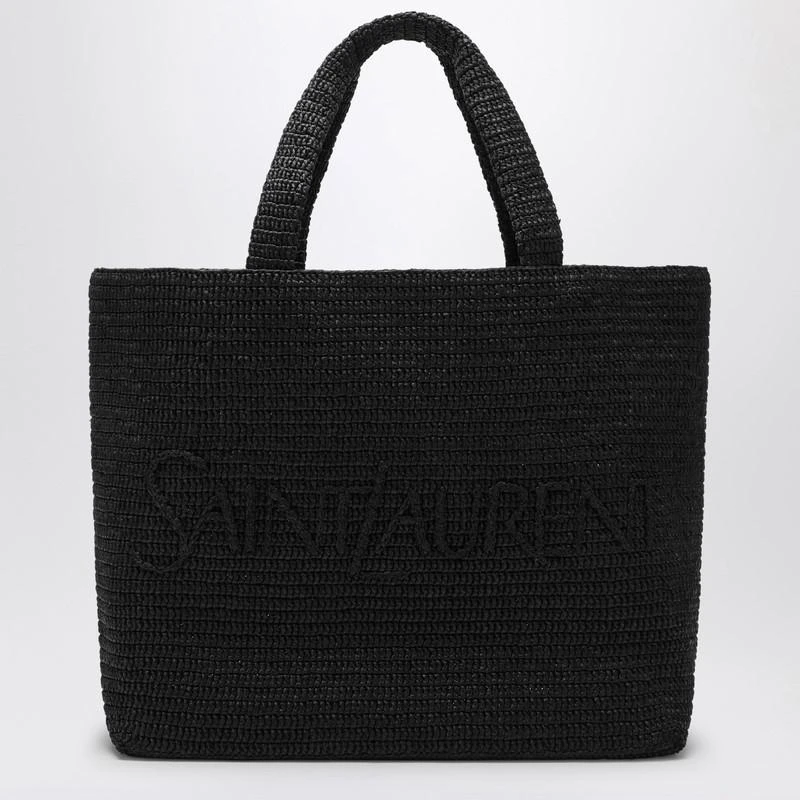 Yves Saint Laurent Black Raffia Tote Bag with logo 1
