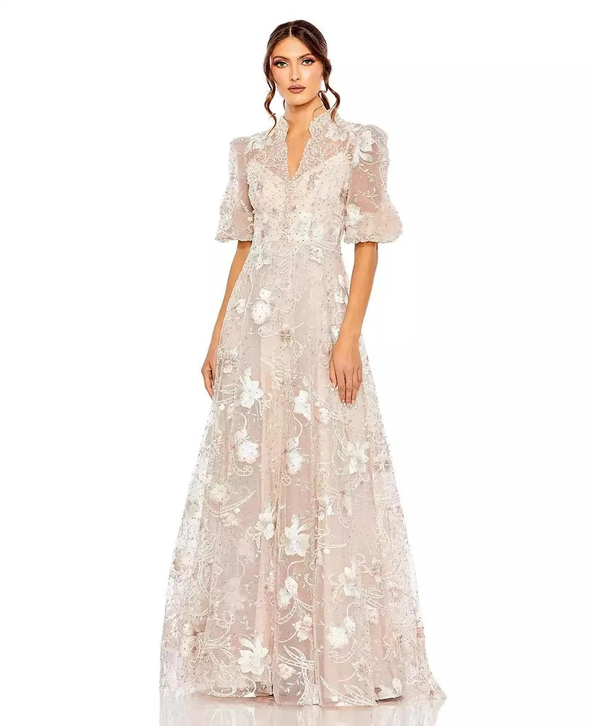 Mac Duggal Petite Embroidered Queen Anne Puff Sleeve A Line Gown