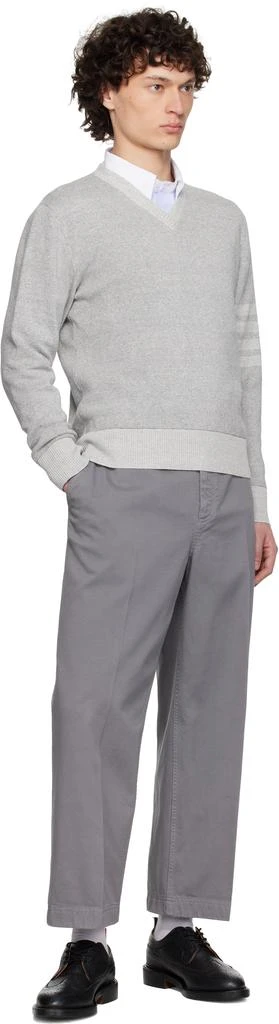 Thom Browne Gray Textured Striped Stitch Linen Cotton V Neck Sweater 4