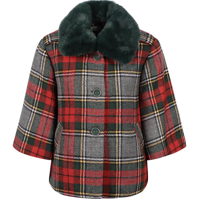 Abel & Lula Faux fur collar checkered jacket in red and grey