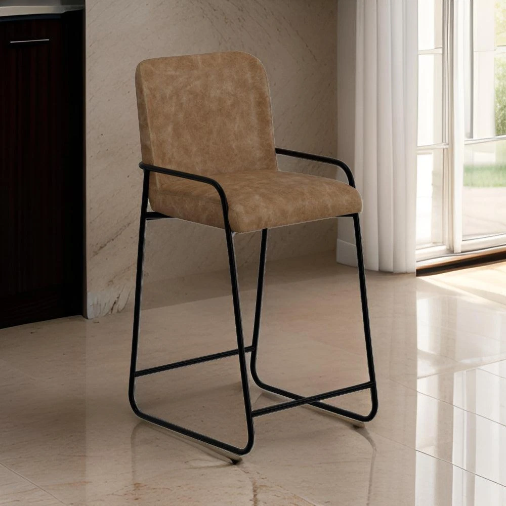 Hivvago Suze Barstool Chair, Arched Back, Black Iron, Cognac Brown Faux Leather