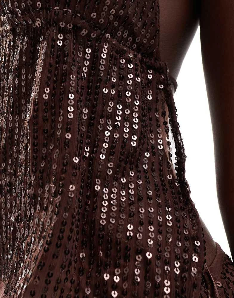 Pull&Bear Pull&Bear sequin halterneck strappy back top co-ord in brown 3
