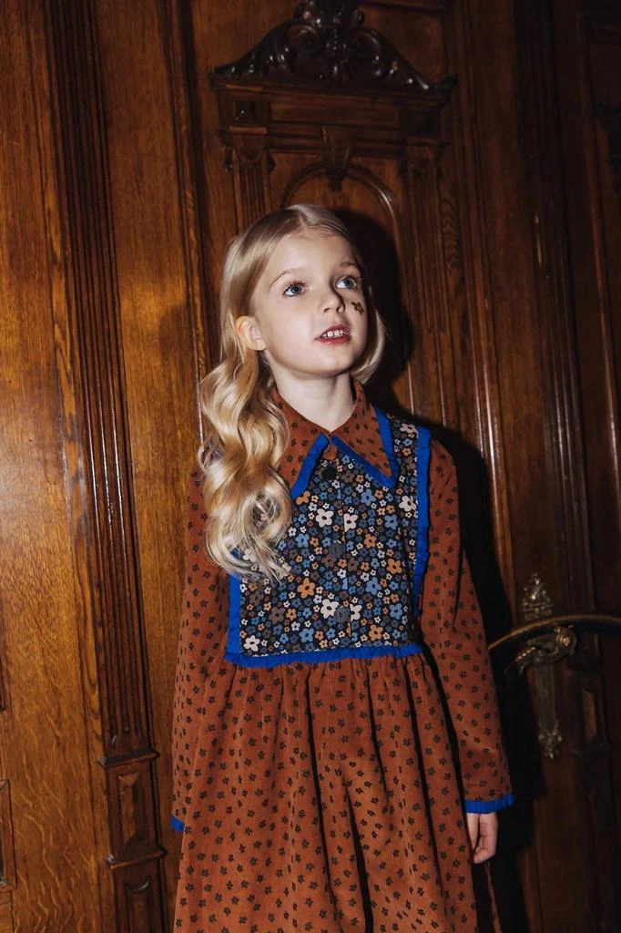 Brown Flower Print Dress with Blue Flower Details 8-10Y Brown Flower Print Dress with Blue Flower Details 8-10Y