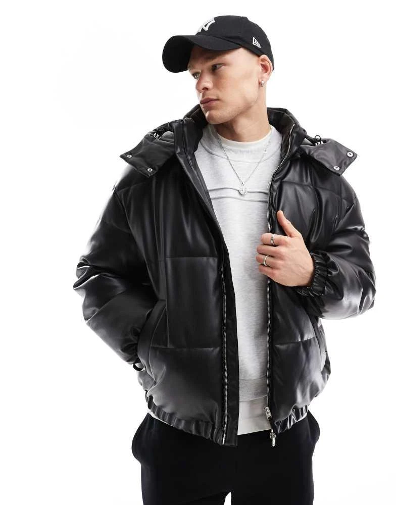 Bershka Bershka detachable hooded faux leather puffer in black 1
