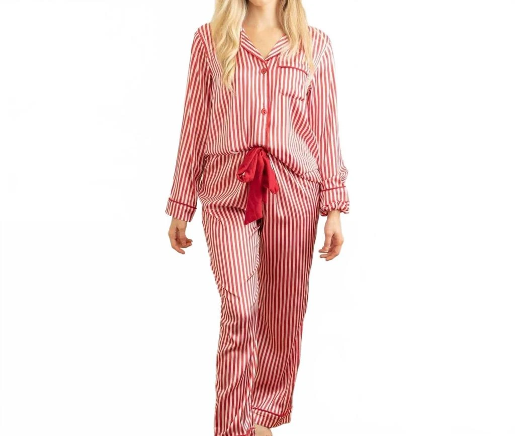 8 Oak Lane Stripe Satin Pant Pajama Set In Green
