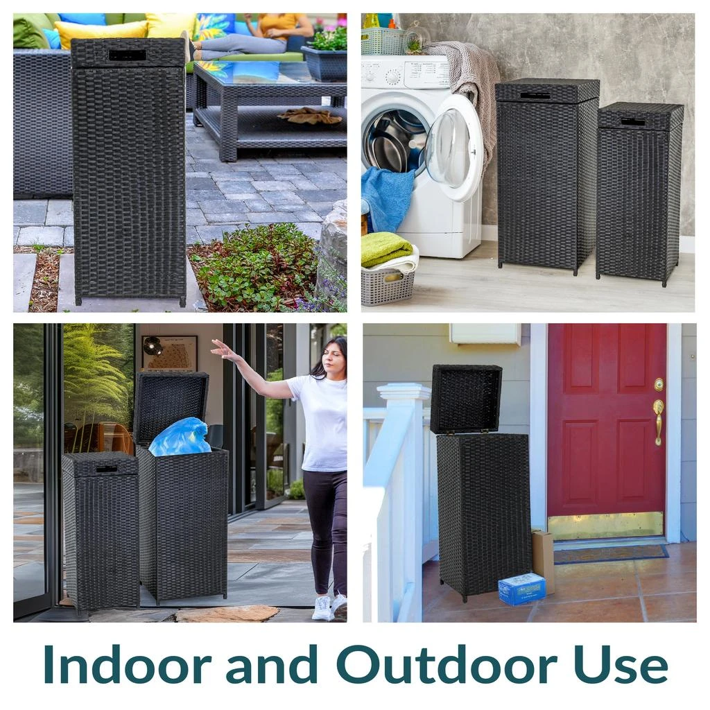 Sunnydaze Wicker Indoor and Outdoor Trash Cans with Lids - Set of 2 - 26 Gal. and 15 Gal. - Black 3