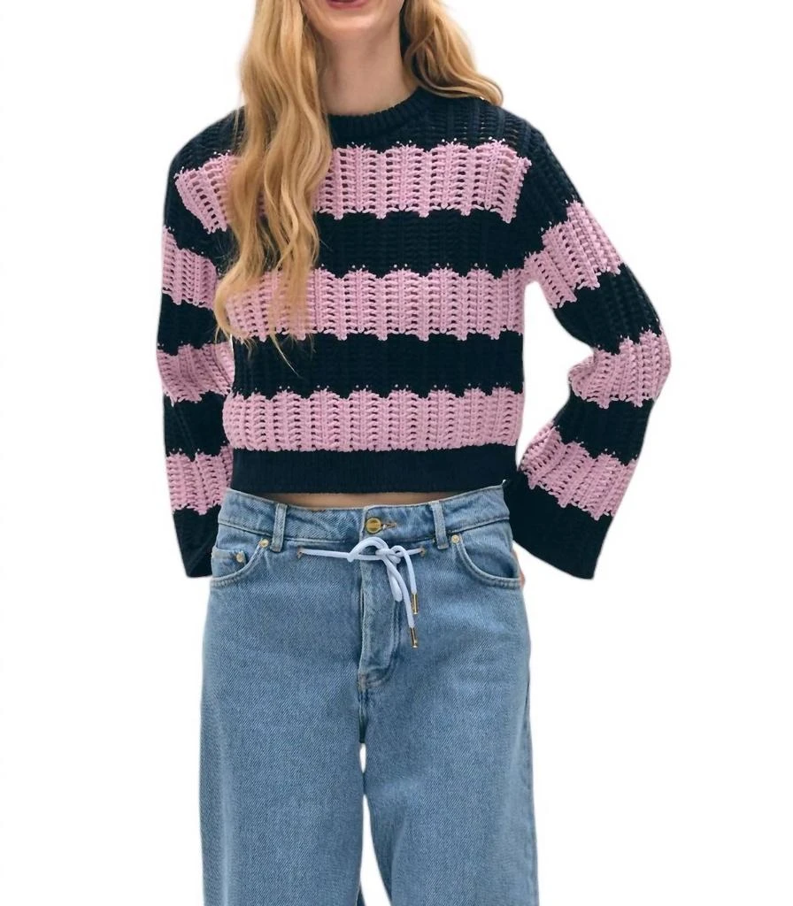 White + Warren Cotton Rope Bell Sleeve Crewneck Sweater In Purple Combo 1
