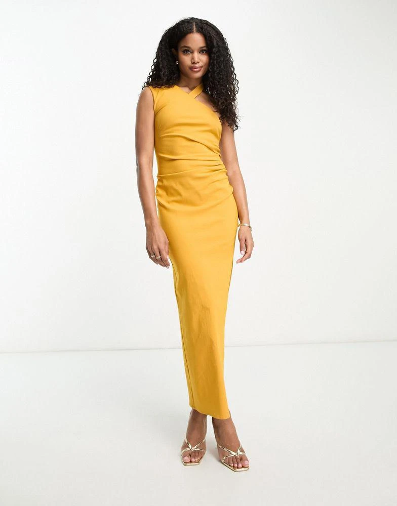 ASOS DESIGN ASOS DESIGN one shoulder wrap neck bodycon midi dress with split in mustard 1