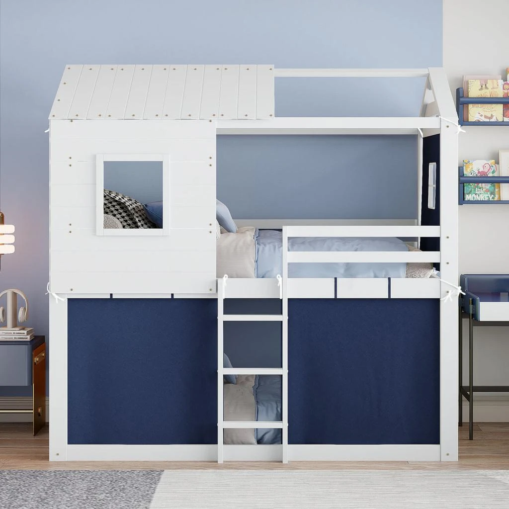Streamdale Furniture Streamdale Twin Size Bunk Wood House Bed with Tent, Blue+White 5