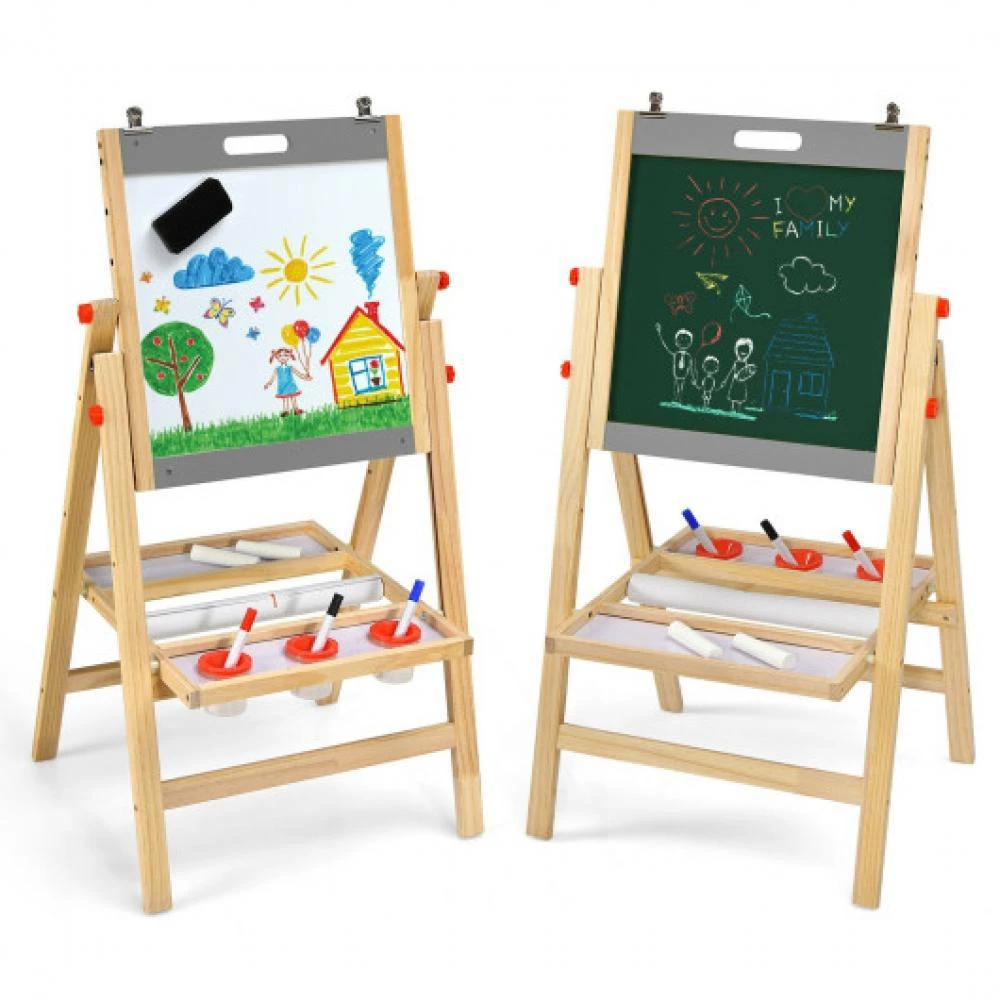 Hivvago Kids Art Easel with Paper Roll Double Sided Chalkboard and Whiteboard-Gray 3