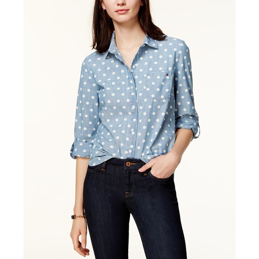 Tommy Hilfiger Women's Cotton Printed Roll-Tab Utility Shirt