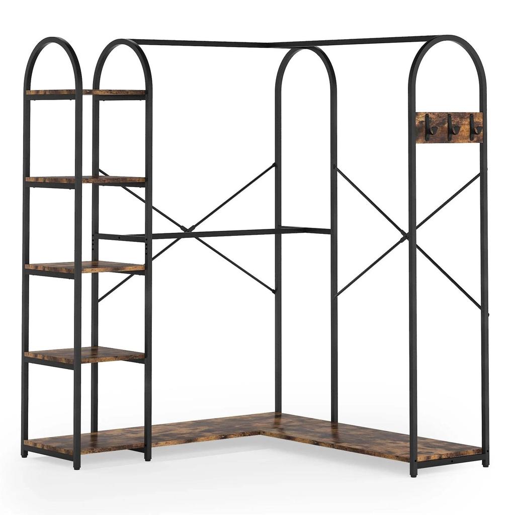 QuikFurn Corner L-Shaped Garment Rack with Clothing Hanging Rods and Storage Shelves