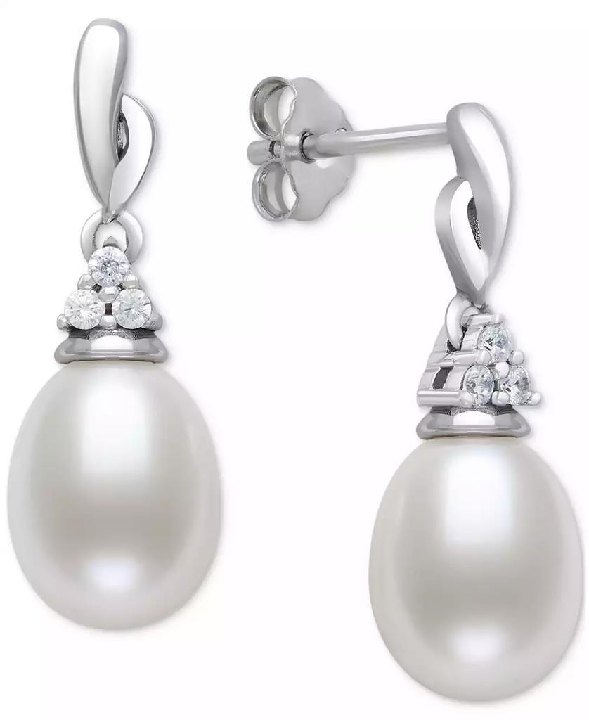 Belle de Mer Cultured Freshwater Pearl (7-8mm) & Lab-Created White Sapphire Accent Drop Earrings in Sterling Silver