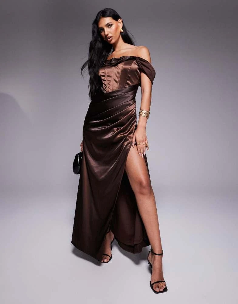 TFNC drop shoulder satin corset maxi dress in chocolate  On Sale Now with  Up to 40% Off | Discover Exclusive Deals & Savings at BeyondStyle   Authentic TFNC Home|women with Limited-Time
