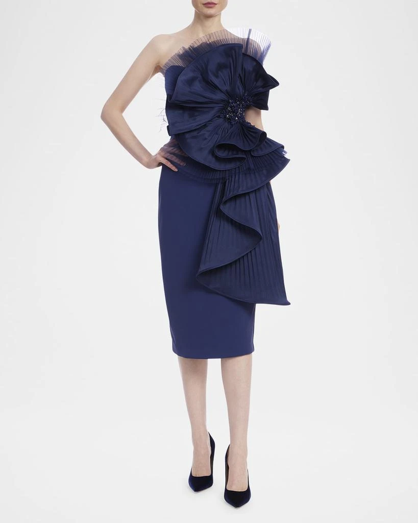 Badgley Mischka Strapless Pleated Fan Midi Sheath Dress 2