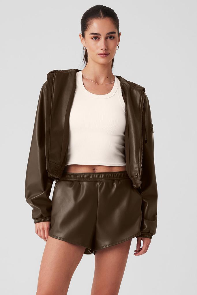 Alo Faux Leather Power Hour Full Zip Cropped Jacket - Espresso