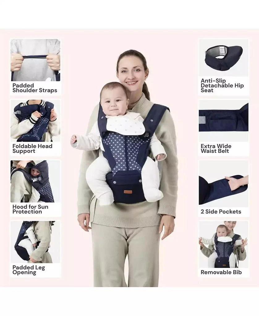 BabbleRoo Kids 6-in-1 Carrier with Hip Seat and Lumbar Support, Ergonomic
Adjustable for Newborn to with Sunshade, Navy Hearts 3