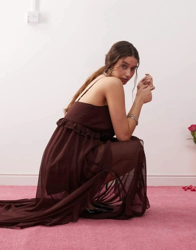 Miss Selfridge Miss Selfridge chiffon corsage detail cami maxi dress in brown 4