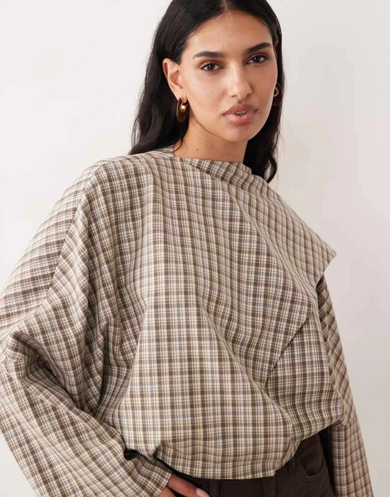 ASOS ASOS DESIGN wrap scarf batwing jacket in ecru micro check 2