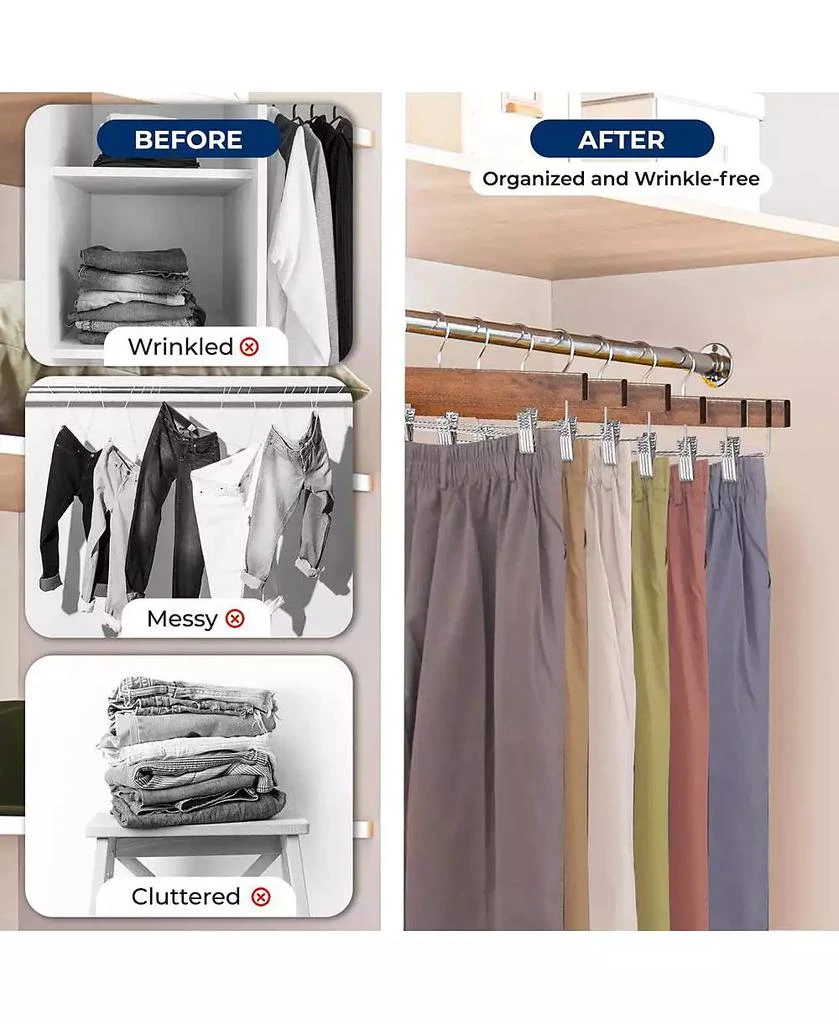 SereneLife 30 Pcs. Premium Wooden Pants Hangers - Heavy Duty Hanger Set with Chrome 360° Swivel Hook (Retro) 7