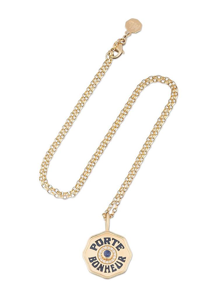 Marlo Laz Je Porte Bonheur 14K Yellow Gold, Blue Sapphire, & 0.15 TCW Diamond Mini Pendant Necklace