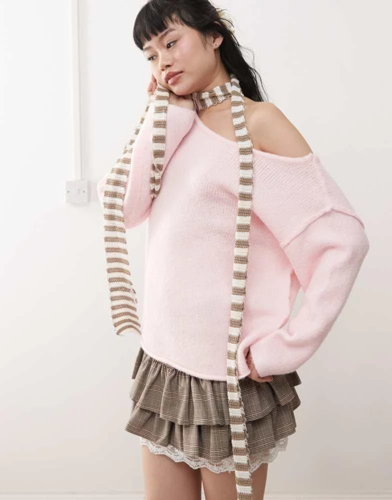 Miss Selfridge Miss Selfridge asym off the shoulder slouchy cosy knit jumper in pink 1