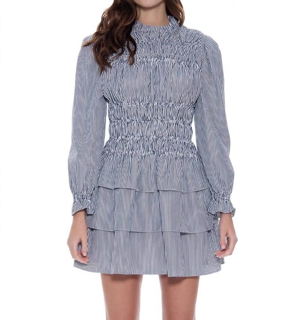 Gracia Gracia - Pinstriped Ruffle Hem Flounce Sleeve Smocked Dress