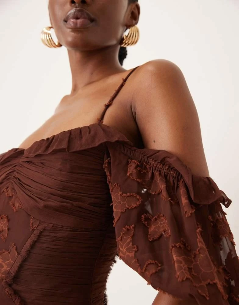 green emerald velvet dress Rent Asos Design Off Shoulder Bardot Tuck Midi Dress In Satin Gold main image 1