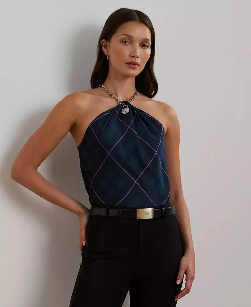 Ralph Lauren Women's Plaid Chain-Trim Charmeuse Halter Blouse 1