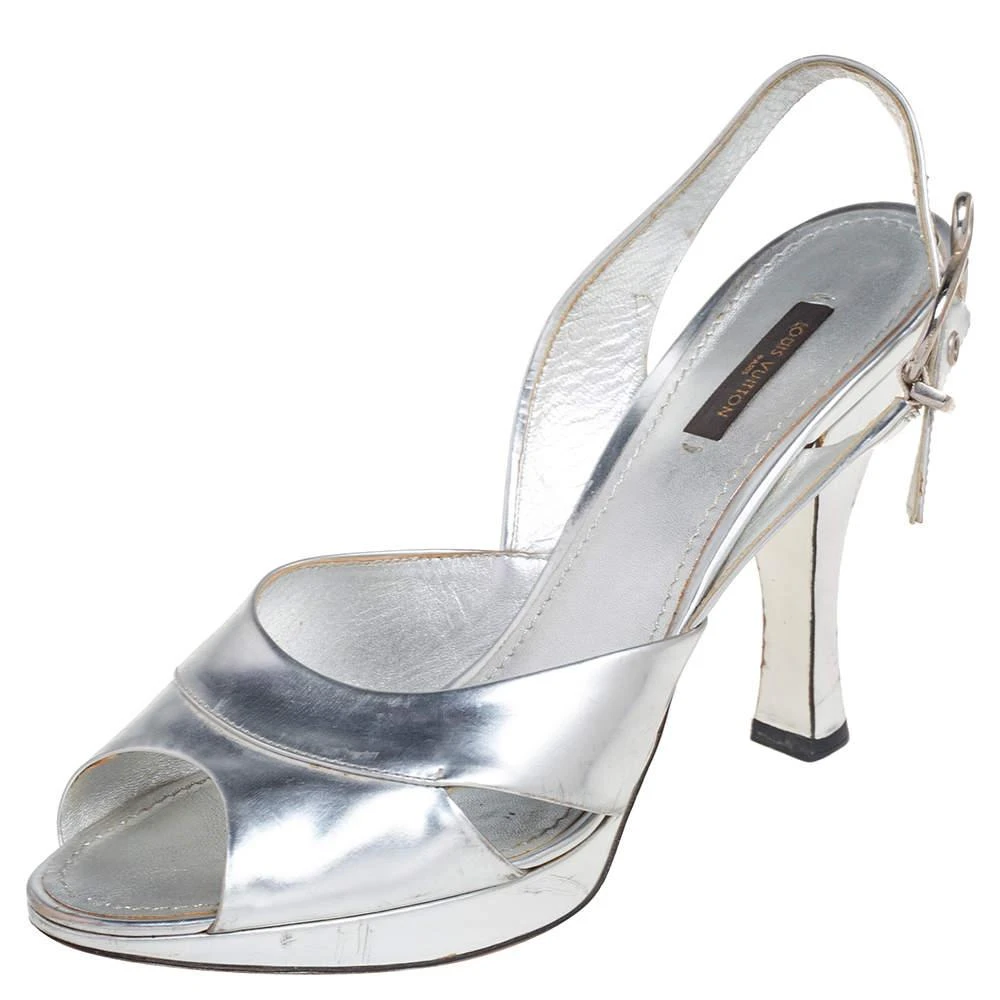 Louis Vuitton Louis Vuitton Silver Leather  Peep Toe Slingback Sandals Size 41 1