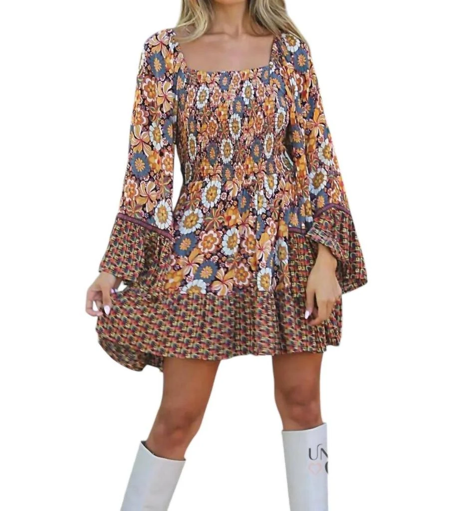 Angie Ember Bell Sleeve Mini Smock Dress In Brown-Multi 1