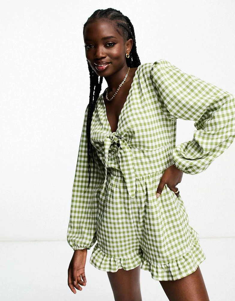 Miss Selfridge Miss Selfridge long sleeve tie front playsuit in khaki gingham 3