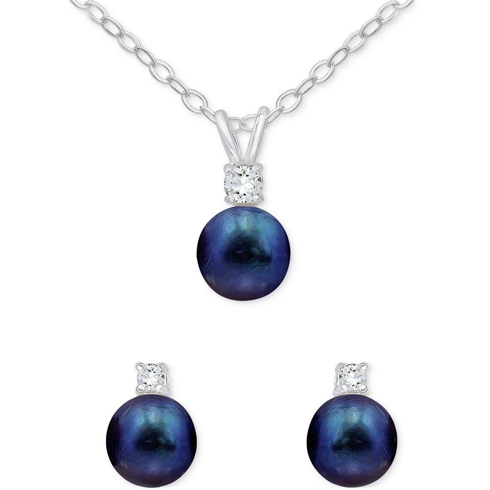 Macy's 2-Piece Set Dyed Black Pearl (6mm) & White Topaz Accent Pendant Necklace & Matching Stud Earrings in Sterling Silver (Also in White & Dyed Pink Cultured Freshwater Pearl)