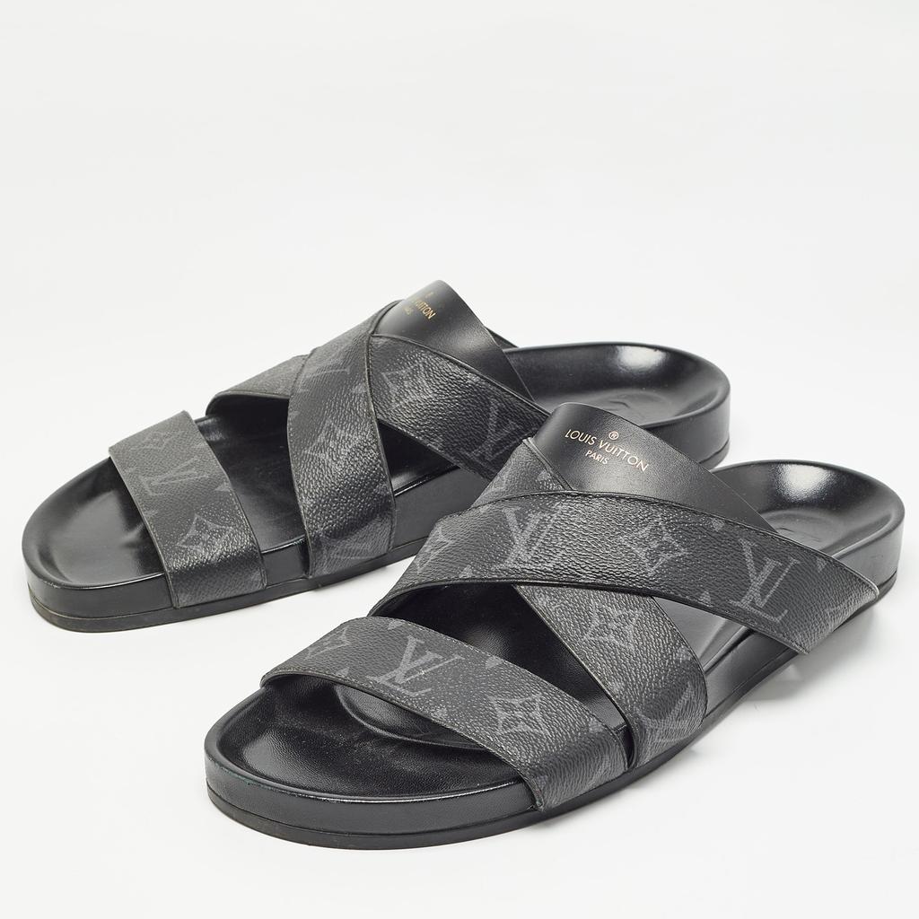 Louis Vuitton Louis Vuitton Black Monogram Leather Mirabeau Flat Slides Size 43