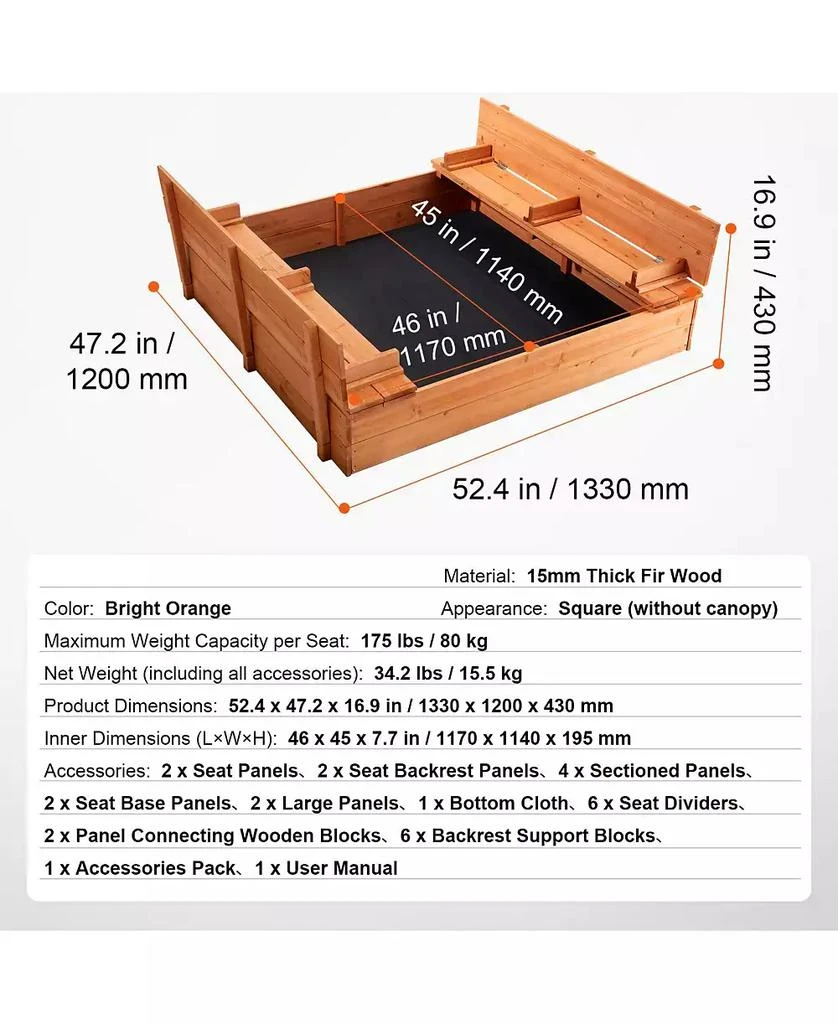 Slickblue Wooden Sandbox, 52.4 x 47.2 x 16.9 in Sand Box, Sand Pit with Foldable Bench Seats and Bottom Liner 4
