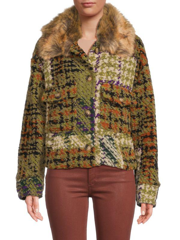 La Fiorentina Faux Fur Trim Plaid Jacket