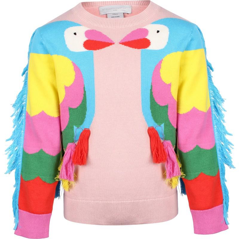 Stella McCartney Kids Colorful parrot print sweater with fringes in light pink