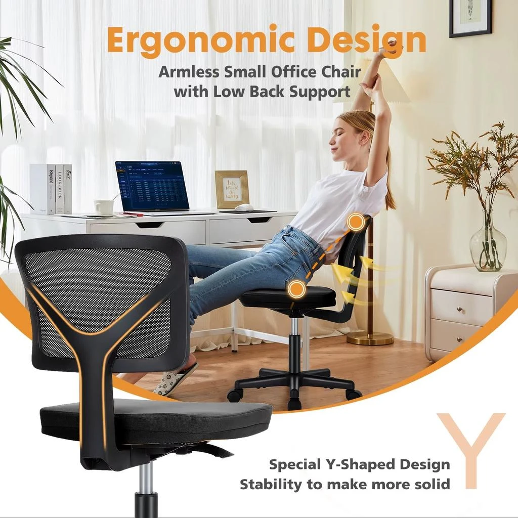 ERUULE Armless Office Chair with Lumbar Support, Adjustable Height, 360° Swivel, and Rolling Wheels 6