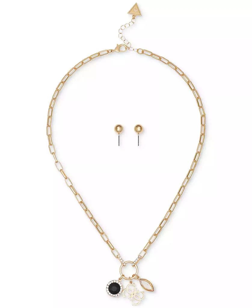 GUESS Gold-Tone Chain Necklace with Multi Accent Charms and Stud Earring Jewelry Set 1