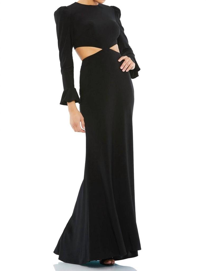Ieena for Mac Duggal Long Sleeve Puff Shoulder Cut Out Gown In Black