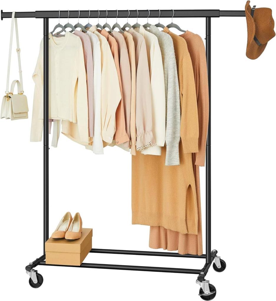 QuikFurn Heavy Duty Black Metal Garment Rack Clothes Hanging Bar on Lockable Wheels