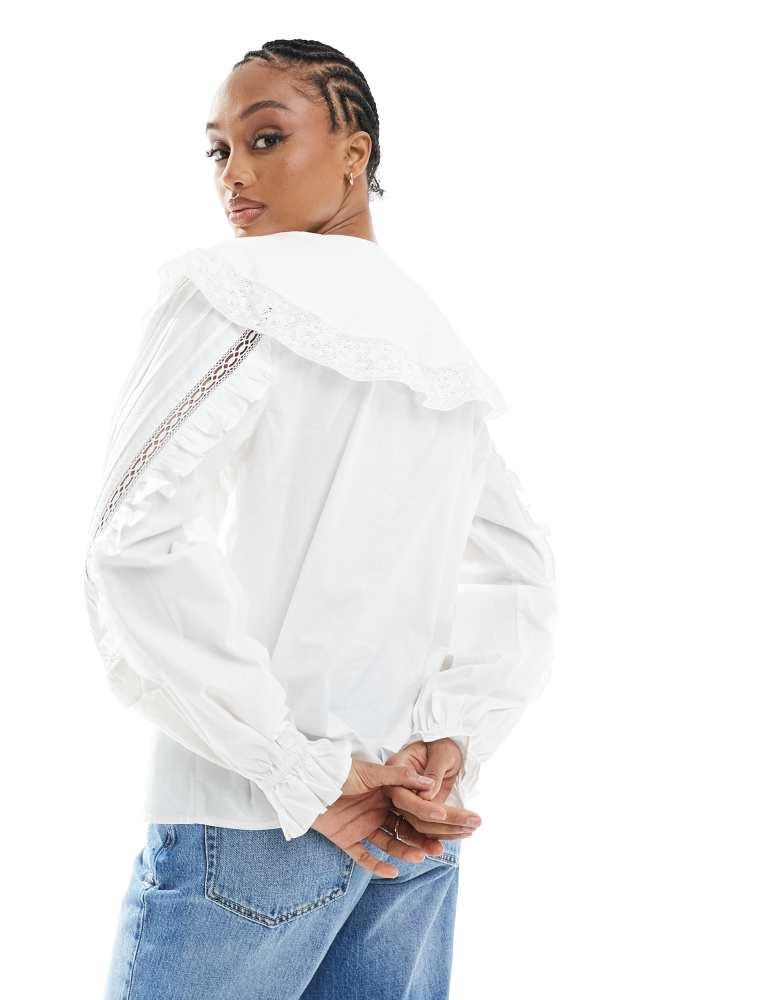 ASOS ASOS DESIGN tall  lace and broderie insert shirt with large collar in ivory