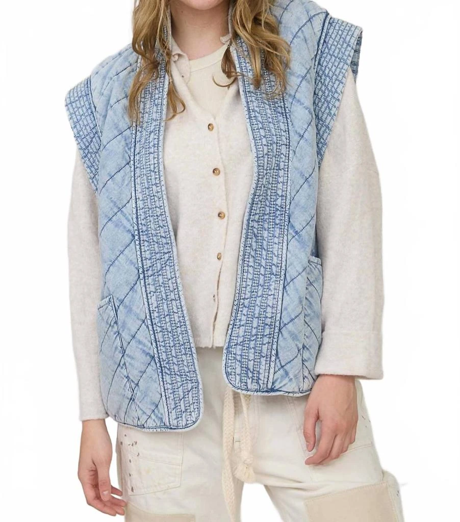 Blu Pepper Quilted Shawl Vest In Washed Denim