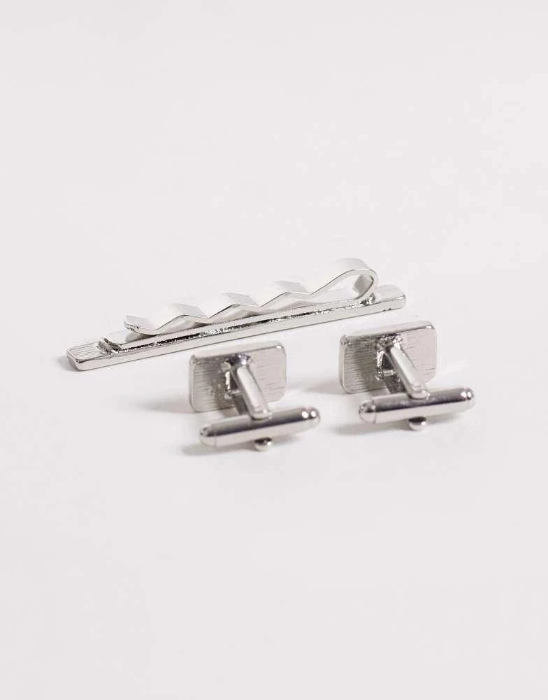 ASOS ASOS DESIGN engraved pattern tie bar and cufflink pack in silver 3