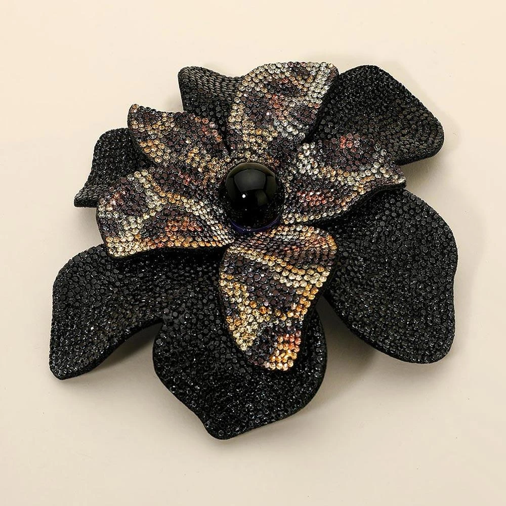 FASHNZFAB Pearl Accent Bling Studded Leopard Pattern Flower Pin Brooch Alligator Snap Hair Clip