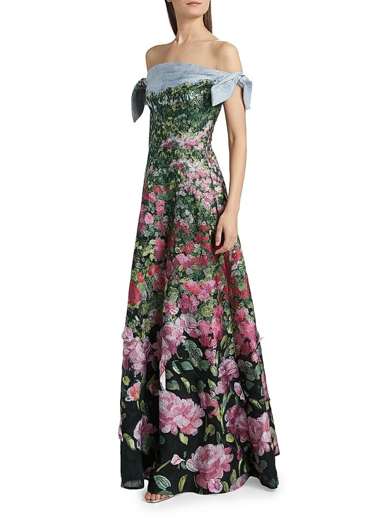 Oscar de la Renta English Rose Field Draped Off-The-Shoulder Fil Coupe Gown 4